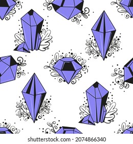 Seamless pattern with magical purple crystals and black line art leaves and monograms. Vector background for wrapping paper