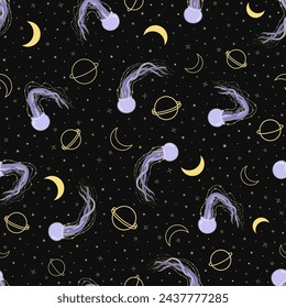 Seamless pattern with magical purple starry jellyfish swimming among moon, stars and planets in the ocean space. Fantasy sea creature floating in cosmos, flat vector illustration.