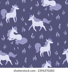 Seamless pattern magical purple unicorns in forest