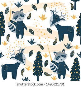 seamless pattern with magical raccoon and deer - vector illustration, eps
