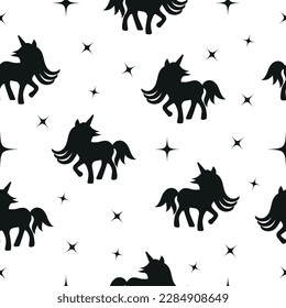 Seamless pattern magical silhouette of a unicorn and a star on a white background, vector illustration.