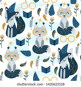 seamless pattern with magical squirrel and fox on a white background - vector illustration, eps