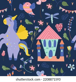 Seamless pattern with magical Unicorn, colorful flowers and leaves around, princess castle. Cute pattern with Unicorn can be used as textile, fabric, wallpaper, banner and other. Vector.