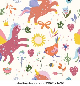 Seamless pattern with magical Unicorn, colorful flowers and leaves, funny bird, sun. Cute pattern with Unicorn can be used as textile, wallpaper, banner and other. Vector illustration