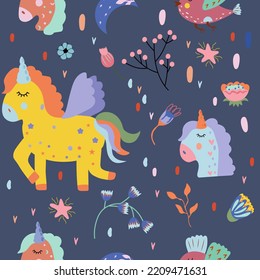 Seamless pattern with magical Unicorn, colorful flowers and leaves, head Unicorn. Cute pattern with Unicorn can be used as textile, fabric, wallpaper, banner and other. Vector illustration. 