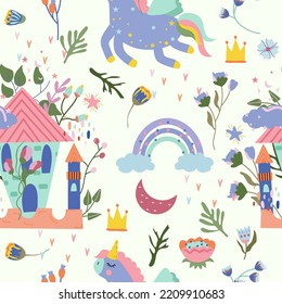 Seamless pattern with magical Unicorn, colorful flowers and leaves around, princess castle. Cute pattern with Unicorn can be used as textile, fabric, wallpaper, banner and other. Vector.