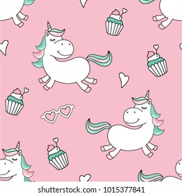 Seamless pattern with magical unicorn and cupcakes. The pattern can be repeated without any visible seams