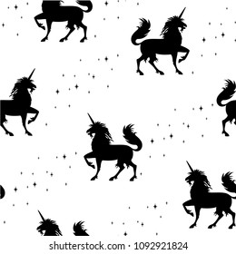 seamless pattern magical unicorn and stars on white background, vector illustration