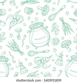 Seamless pattern of Magician and alchemy tools: mandrake, crystal, roots, potion, feather, mushrooms, spoon. Halloween collection of witchcraft tools. Doodle vector illustration isolated on white.