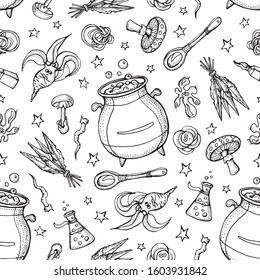 Seamless pattern of Magician and alchemy tools: mandrake, crystal, roots, potion, feather, mushrooms, spoon. Halloween collection of witchcraft tools. Doodle vector illustration isolated on white.
