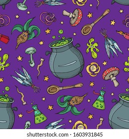 Seamless pattern of Magician and alchemy tools: mandrake, crystal, roots, potion, feather, mushrooms, spoon. Halloween collection of witchcraft tools. Doodle vector illustration on purple background.