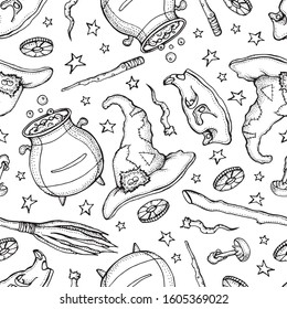 Seamless pattern of Magician and alchemy tools: skull, crystal, roots, potion, feather, mushrooms, hat. Halloween collection of witchcraft tools.  Hand drawn vector illustration on white background.