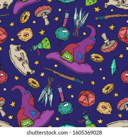 Seamless pattern of Magician and alchemy tools: skull, crystal, roots, potion, feather, mushrooms, hat. Halloween collection of witchcraft tools.  Hand drawn vector illustration on purple background