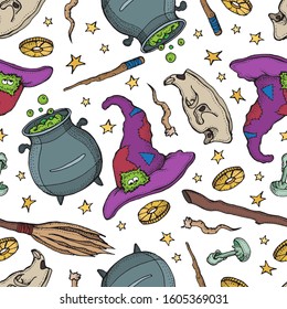 Seamless pattern of Magician and alchemy tools: skull, crystal, roots, potion, feather, mushrooms, hat. Halloween collection of witchcraft tools.  Hand drawn vector illustration on white background.