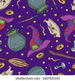 Seamless pattern of Magician and alchemy tools: skull, crystal, roots, potion, feather, mushrooms, hat. Halloween collection of witchcraft tools.  Hand drawn vector illustration on purple background