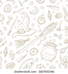 Seamless pattern of Magician and alchemy tools: skull, crystal, roots, potion, feather, mushrooms, hat. Halloween collection of witchcraft tools.  Hand drawn vector illustration on purple background