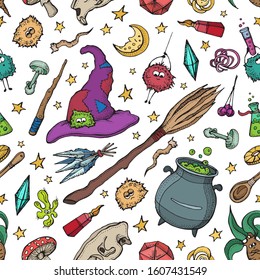 Seamless pattern of Magician and alchemy tools: skull, crystal, roots, potion, feather, mushrooms, hat. Halloween collection of witchcraft tools.  Hand drawn vector illustration on purple background