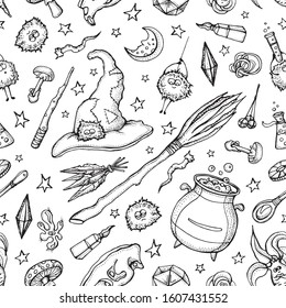 Seamless pattern of Magician and alchemy tools: skull, crystal, roots, potion, feather, mushrooms, hat. Halloween collection of witchcraft tools.  Hand drawn vector illustration on purple background