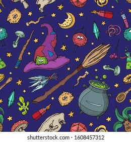 Seamless pattern of Magician and alchemy tools: skull, crystal, roots, potion, feather, mushrooms, hat. Halloween collection of witchcraft tools.  Hand drawn vector illustration on purple background.