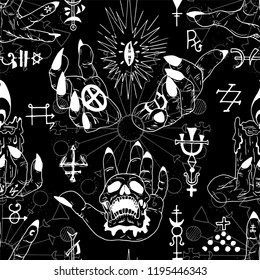 Seamless pattern with magician hands and abstract magic symbols on black. Esoteric, occult and wicca concept, Halloween illustration with mystic symbols and sacred geometry 