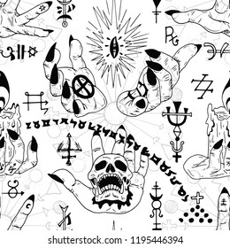 Seamless pattern with magician hands and fingers and mystic magic symbols. Esoteric, occult and wicca concept, Halloween illustration with mystic symbols and sacred geometry 