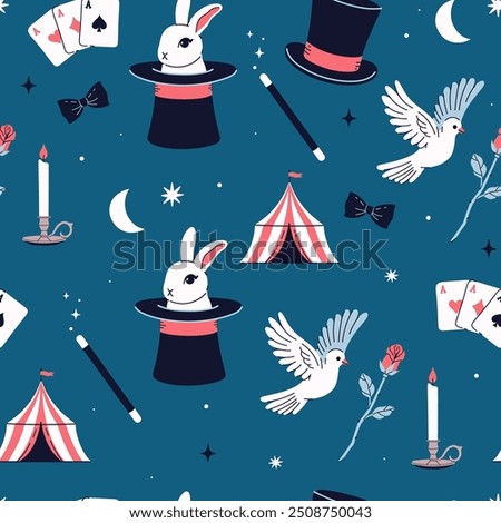 Seamless pattern with magician items: rabbit in hat, rose, cards, dove, tent. Vector graphics.