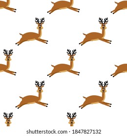 
Seamless pattern with magnificent deer on a white background. Winter forest animals in flat style. Cartoon mammals fawn in relaxation.
Stock vector illustration for design, decor, fabric, wallpaper