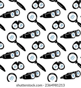 Seamless pattern of magnifying glass and binoculars for searching, on a white background. Cartoon elements find items, detective, spy, search. Items to search for. Printing on textiles and paper