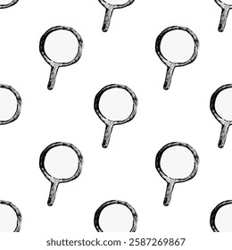 Seamless pattern with magnifying glass. Hand made sketch magnifying glass in doodle style. Business concept. Isolated black element on white background. sstkBusiness   	 