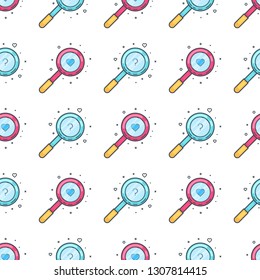 Seamless pattern magnifying glasses icons inside which is a heart and a question mark with additional elements in the form of hearts, dots, circles, crosses on white background. Design elements.