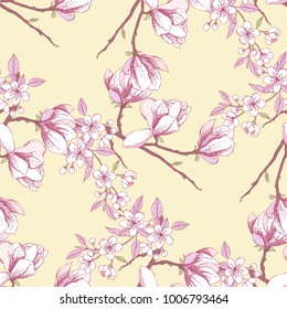 Seamless pattern with magnolia and apple tree. Hand drawn sakura spring flowers. Vector illustration