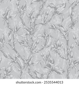 Seamless pattern with magnolia branches. Hand drawn vector illustration on gray background.