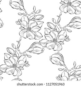 Seamless pattern with magnolia branches on a white background. Monochrome vector illustration.