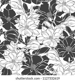 Seamless pattern with magnolia branches on a white background. Monochrome vector illustration.