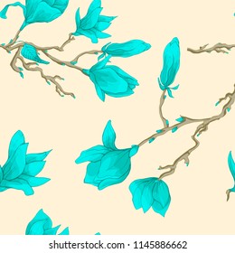 Seamless pattern of magnolia, a camel. Decorative Flowers of Blue color, Branch of the Tree. Colorful hand drawn vector stock illustration.