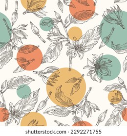 Patrón sin foco con magnolia champaca: planta de magnolia, hojas y flores magnolia champaca. Cosmética, perfumería y planta médica. Ilustración dibujada a mano por el vector