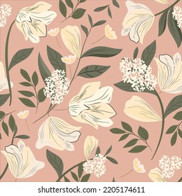 Seamless pattern of magnolia drawn with watercolor.For the design of the wallpaper or fabric, vintage style.Blooming flower painting for summer.Botany background.