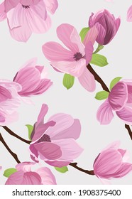 Seamless pattern of Magnolia flower background template. Vector set of floral element for wedding invitations, greeting card, brochure, banners and fashion design.