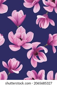 Seamless pattern of Magnolia flower background template. Vector set of floral element for tropical print, wedding invitations, greeting card, brochure, banners and fashion design.