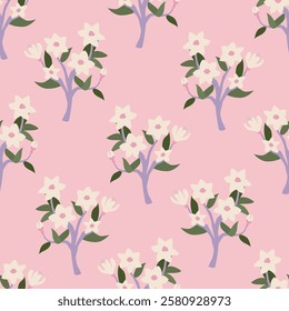 Seamless pattern with magnolia flower branches. Floral vector flat background. Elegant botanical backdrop for textile design, scrapbooking, wrapping paper, etc.
