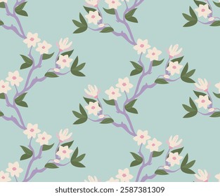 Seamless pattern with magnolia flower branches. Floral vector flat background. Elegant botanical backdrop for textile design, scrapbooking, wrapping paper, etc.