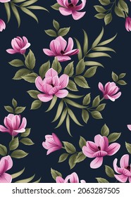 Seamless pattern of Magnolia flower with leaf background template. Vector set of floral element for tropical print, wedding invitations, greeting card, brochure, banners and fashion design.