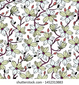 Seamless pattern with  Magnolia flower on a white background. Handmade. Vector. Print for bed linens, fabric, textiles, wallpaper, greeting cards, wrapping paper,gift box
