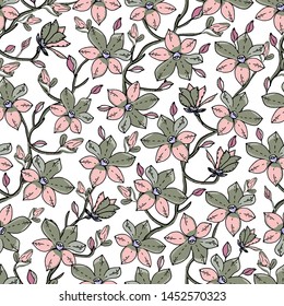 Seamless pattern with  Magnolia flower on a white background. Handmade. Vector. Print for bed linens, fabric, textiles, wallpaper, greeting cards, wrapping paper,gift box
