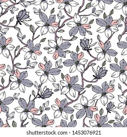 Patrón sin inconvenientes con la flor de Magnolia sobre un fondo blanco. Hecho a mano. Vector. Impresión para ropa de cama, tejidos, papel pintado, tarjetas de felicitación, papel para envolver, caja de regalo
