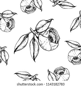 seamless pattern of Magnolia flowers in black and white image