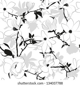 seamless pattern with magnolia flowers, black and white