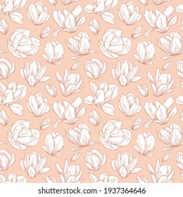 Seamless pattern with magnolia flowers. Blooming buds in sketch style on beige background. Imitation ink drawing. Spring floral design for textile, package, wedding decor. Vector illustration.