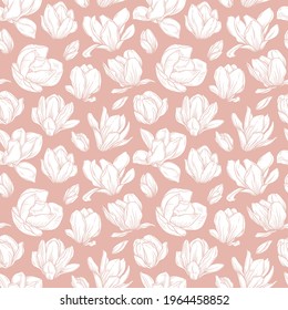 Seamless pattern with magnolia flowers. Blooming buds in sketch style on pink background. Imitation ink drawing. Spring floral design for textile, package, wedding decor. Vector illustration.