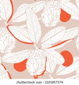 Seamless pattern with magnolia flowers branch and seeds on a beige background in line art.